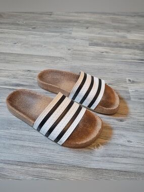 Casual Slide Sandals with Striped Strap - White & Black